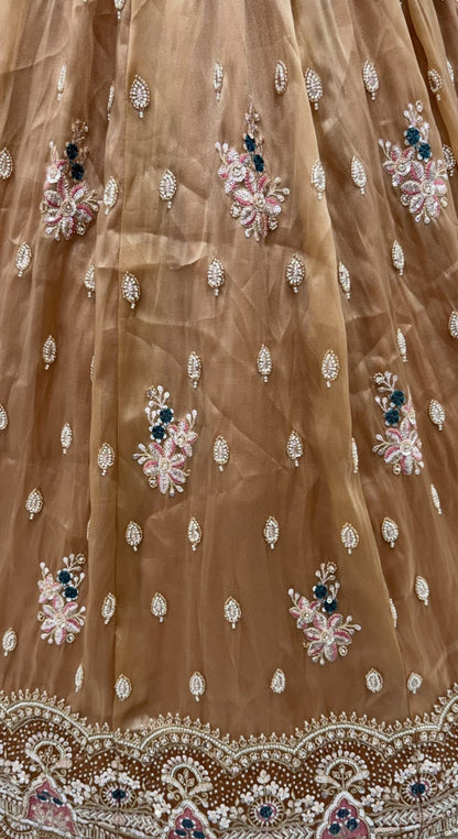 Gold Pure Chandnia Silk Handwork Motif Crystal Beads Multi Thread Sequins Work Bridal Lehenga Choli