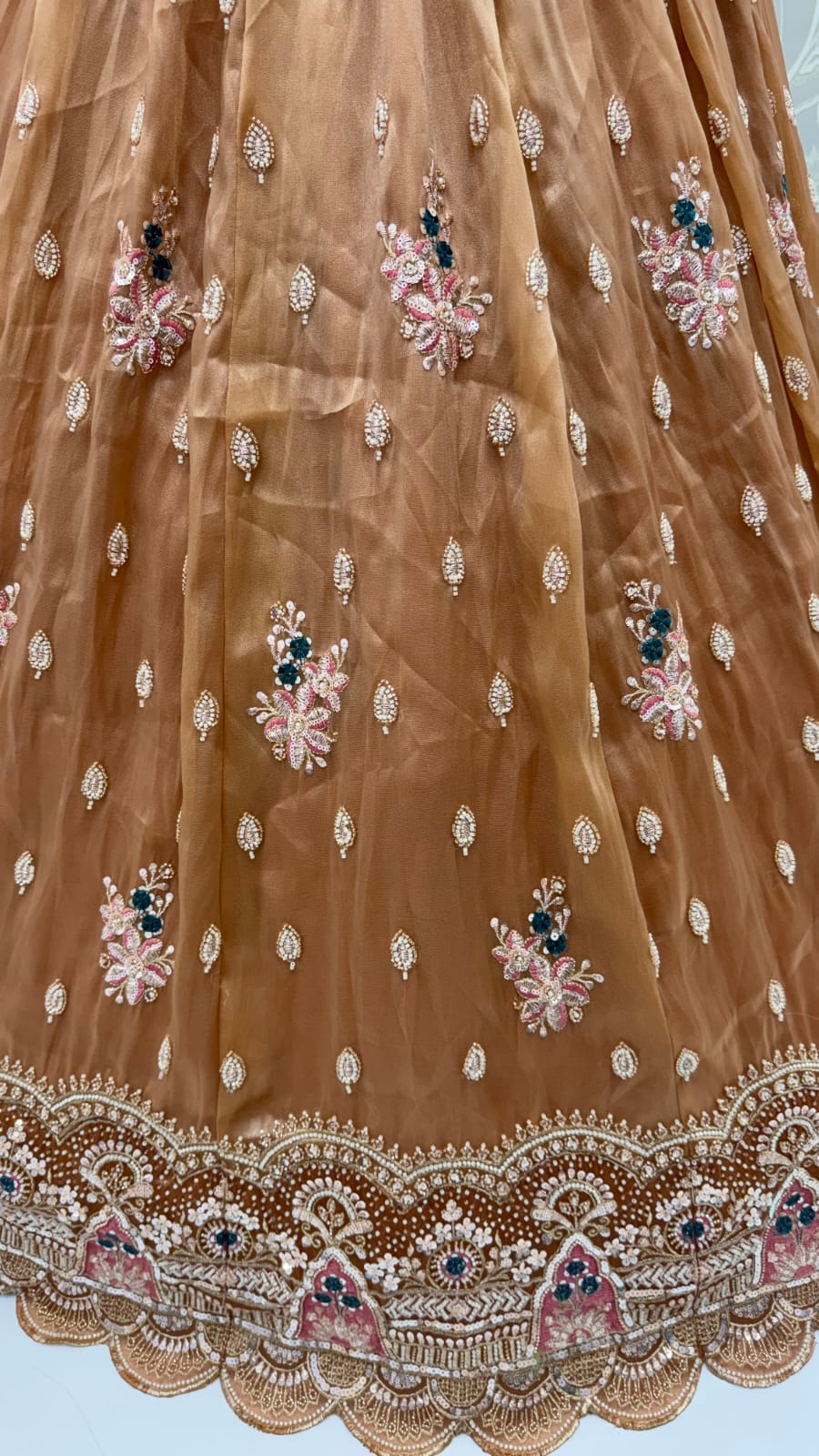 Gold Pure Chandnia Silk Handwork Motif Crystal Beads Multi Thread Sequins Work Bridal Lehenga Choli
