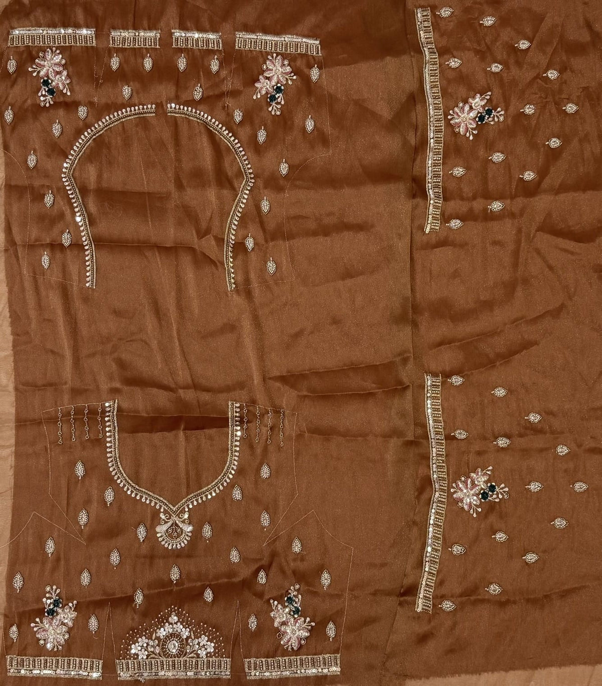 Gold Pure Chandnia Silk Handwork Motif Crystal Beads Multi Thread Sequins Work Bridal Lehenga Choli