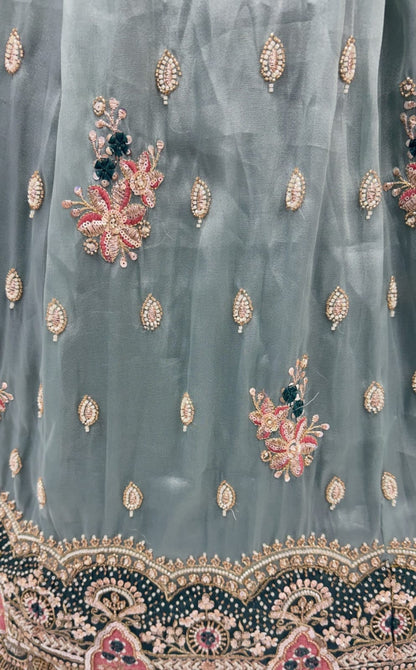 Teal Blue Pure Chandnia Silk Handwork Motif Crystal Beads Multi Thread Sequins Work Bridal Lehenga Choli