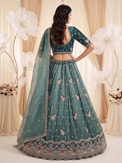 Teal Blue Pure Chandnia Silk Handwork Motif Crystal Beads Multi Thread Sequins Work Bridal Lehenga Choli