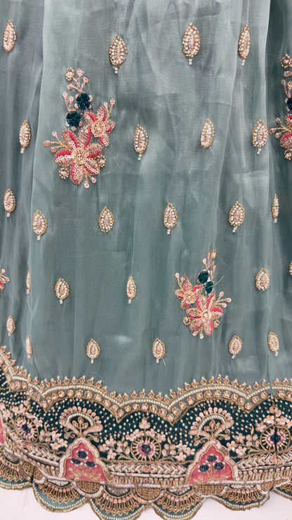 Teal Blue Pure Chandnia Silk Handwork Motif Crystal Beads Multi Thread Sequins Work Bridal Lehenga Choli