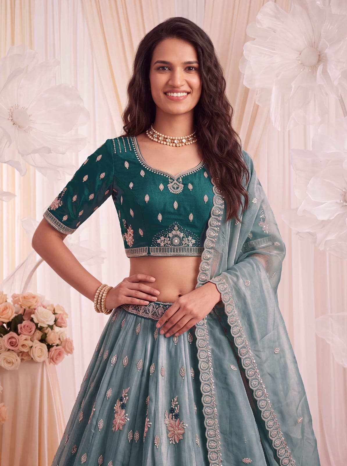 Teal Blue Pure Chandnia Silk Handwork Motif Crystal Beads Multi Thread Sequins Work Bridal Lehenga Choli