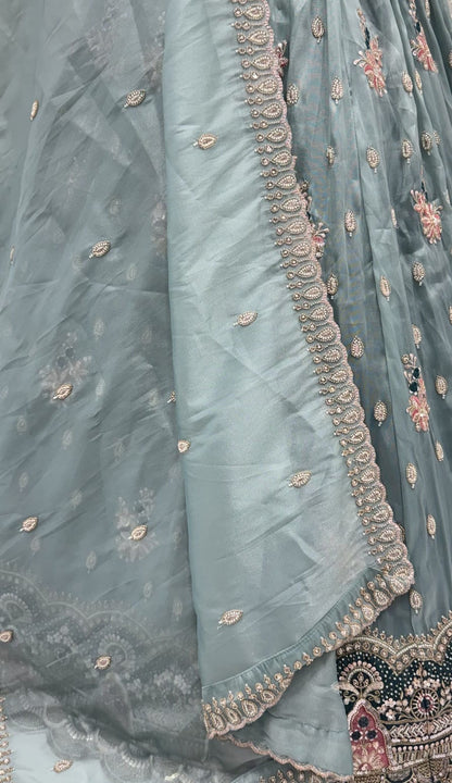 Teal Blue Pure Chandnia Silk Handwork Motif Crystal Beads Multi Thread Sequins Work Bridal Lehenga Choli