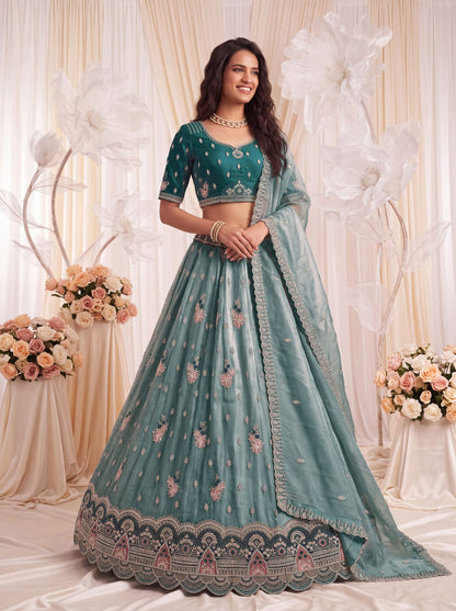 Teal Blue Pure Chandnia Silk Handwork Motif Crystal Beads Multi Thread Sequins Work Bridal Lehenga Choli