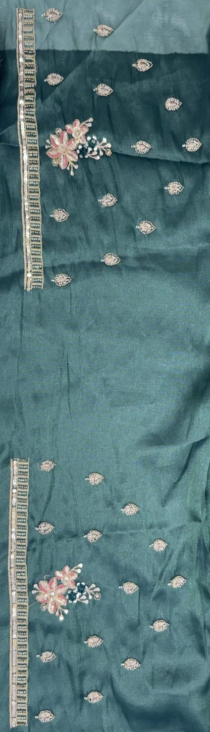 Teal Blue Pure Chandnia Silk Handwork Motif Crystal Beads Multi Thread Sequins Work Bridal Lehenga Choli