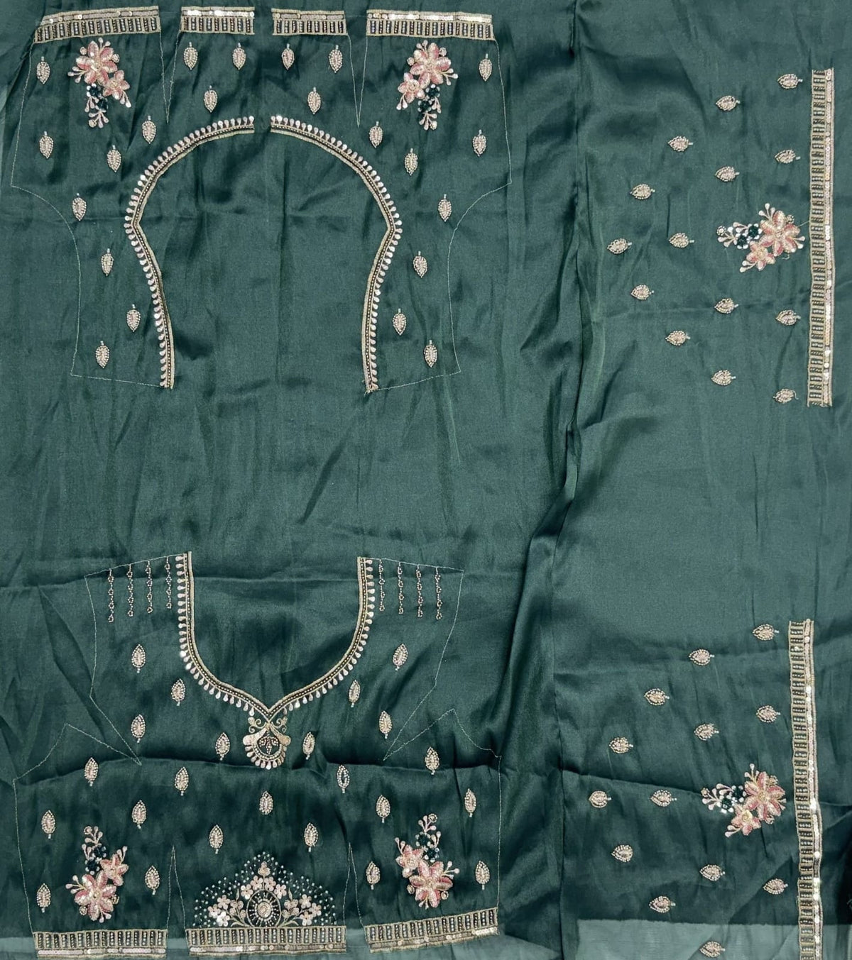 Teal Blue Pure Chandnia Silk Handwork Motif Crystal Beads Multi Thread Sequins Work Bridal Lehenga Choli