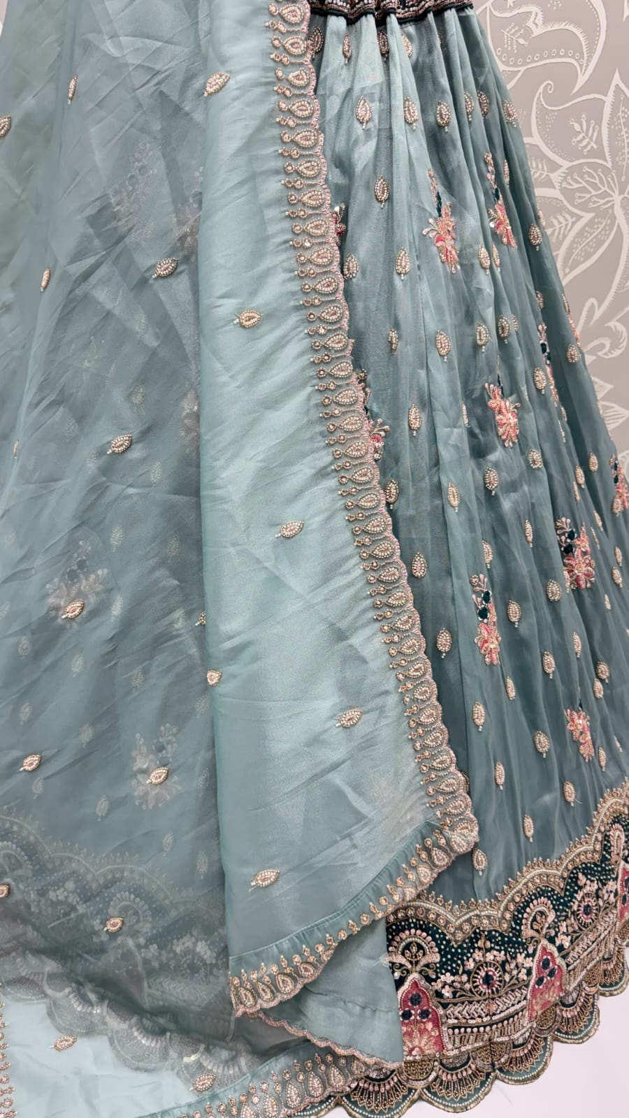 Teal Blue Pure Chandnia Silk Handwork Motif Crystal Beads Multi Thread Sequins Work Bridal Lehenga Choli