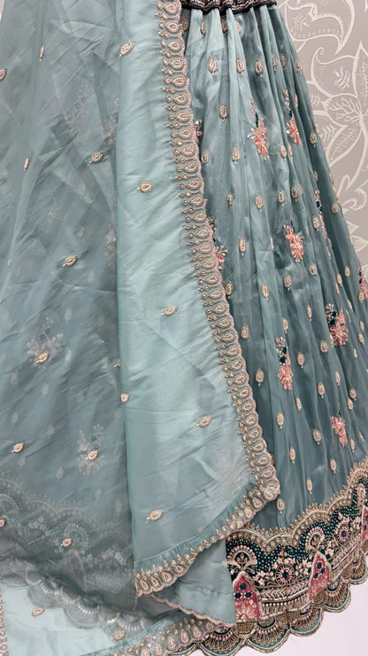 Teal Blue Pure Chandnia Silk Handwork Motif Crystal Beads Multi Thread Sequins Work Bridal Lehenga Choli