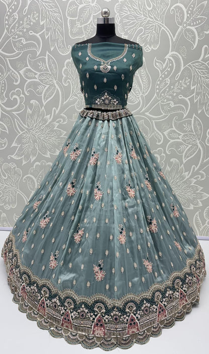 Teal Blue Pure Chandnia Silk Handwork Motif Crystal Beads Multi Thread Sequins Work Bridal Lehenga Choli