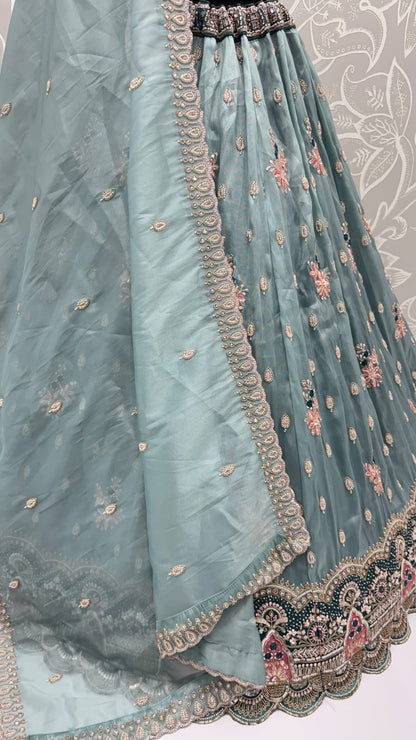 Teal Blue Pure Chandnia Silk Handwork Motif Crystal Beads Multi Thread Sequins Work Bridal Lehenga Choli