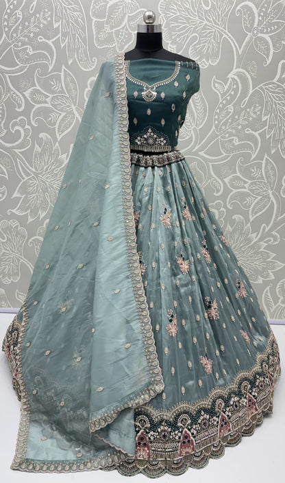Teal Blue Pure Chandnia Silk Handwork Motif Crystal Beads Multi Thread Sequins Work Bridal Lehenga Choli