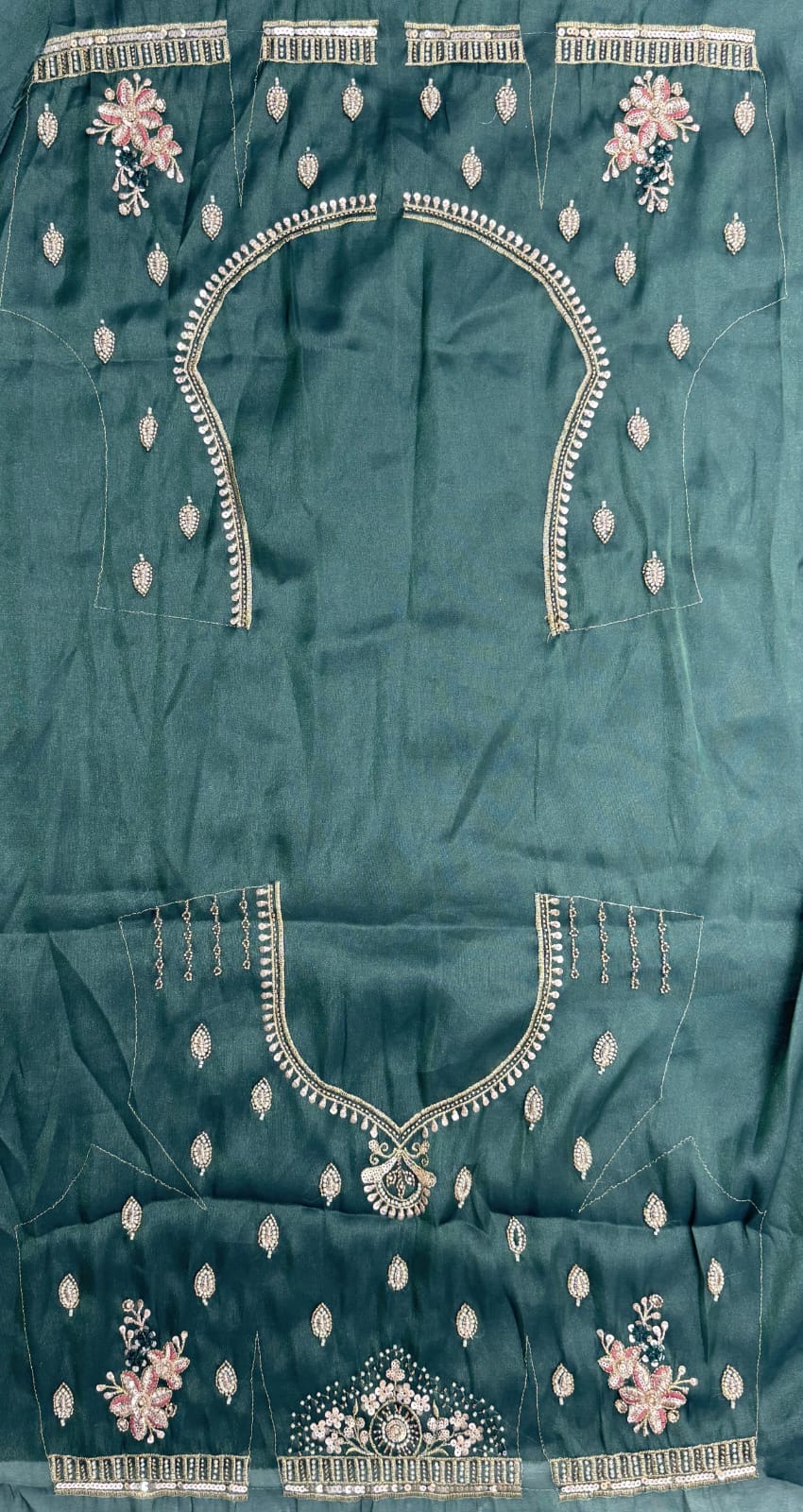 Teal Blue Pure Chandnia Silk Handwork Motif Crystal Beads Multi Thread Sequins Work Bridal Lehenga Choli