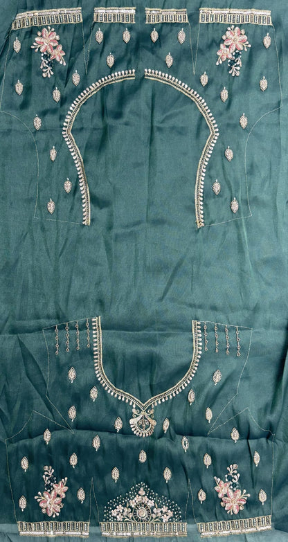 Teal Blue Pure Chandnia Silk Handwork Motif Crystal Beads Multi Thread Sequins Work Bridal Lehenga Choli