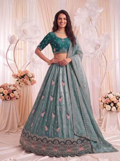 Teal Blue Pure Chandnia Silk Handwork Motif Crystal Beads Multi Thread Sequins Work Bridal Lehenga Choli