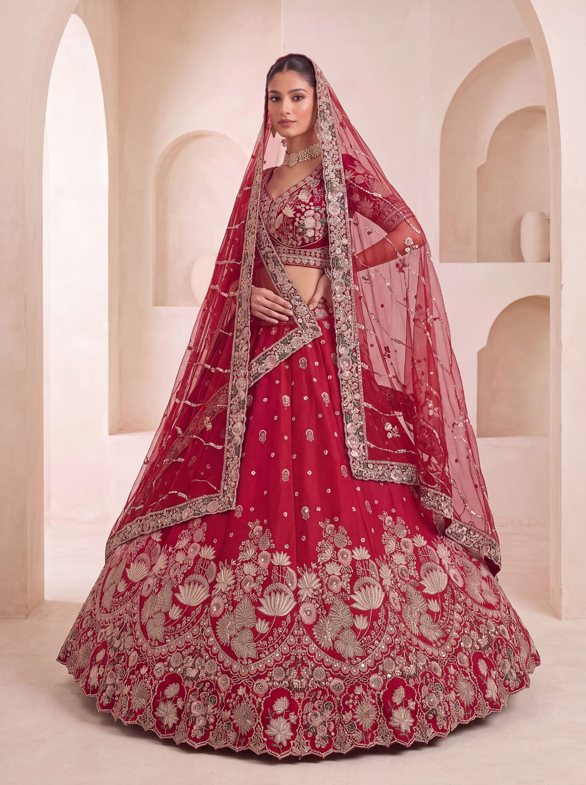 Red Pure Soft Satin Silk Heavy Beads Motif Zari Embroidery Sequins Work Bridal Lehenga Choli