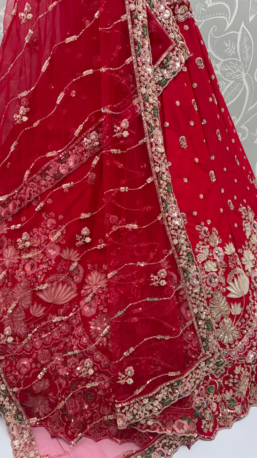 Red Pure Soft Satin Silk Heavy Beads Motif Zari Embroidery Sequins Work Bridal Lehenga Choli