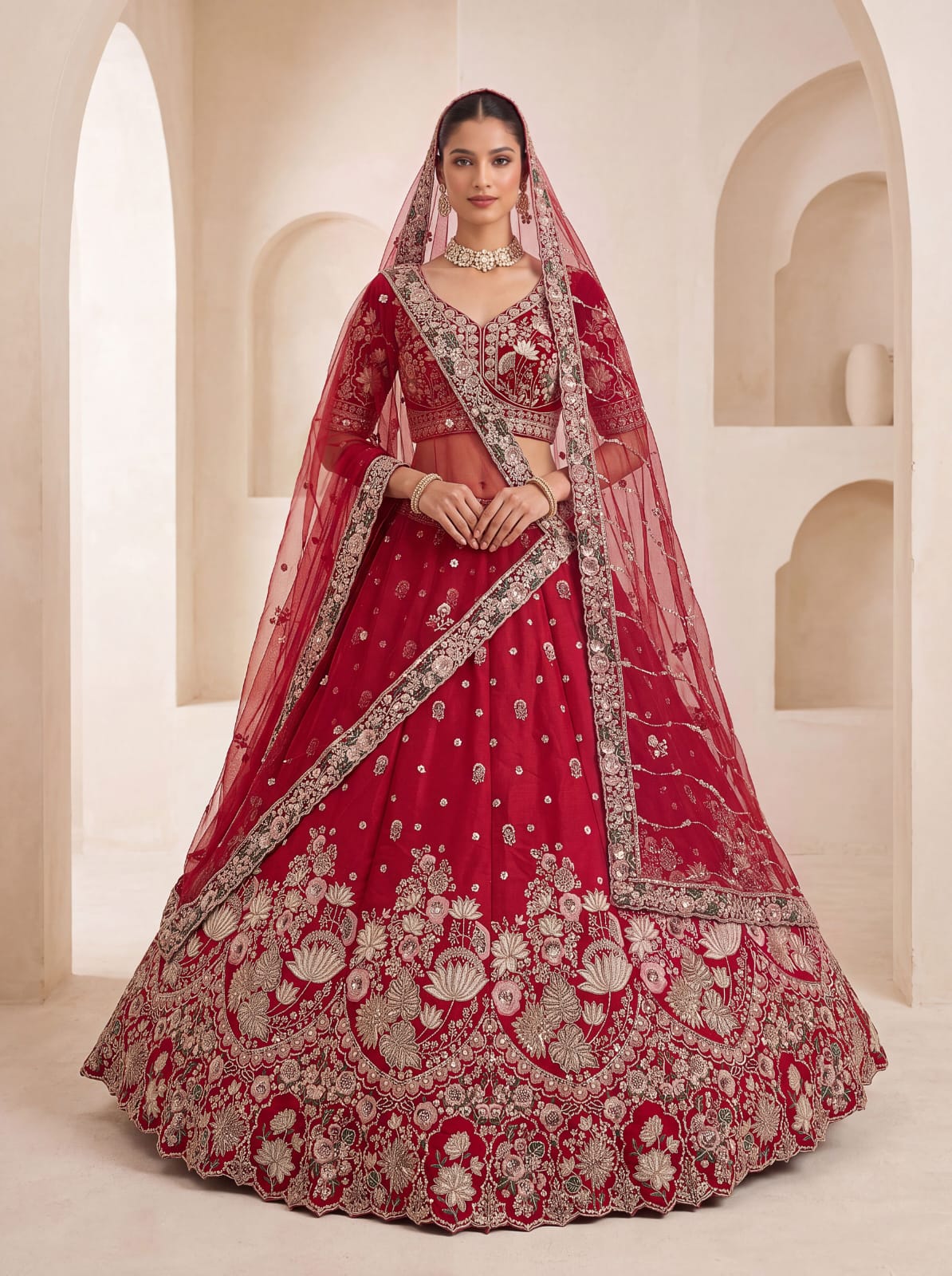 Red Pure Soft Satin Silk Heavy Beads Motif Zari Embroidery Sequins Work Bridal Lehenga Choli