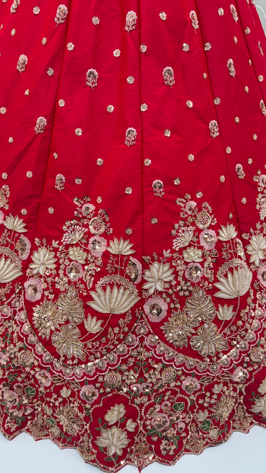 Red Pure Soft Satin Silk Heavy Beads Motif Zari Embroidery Sequins Work Bridal Lehenga Choli