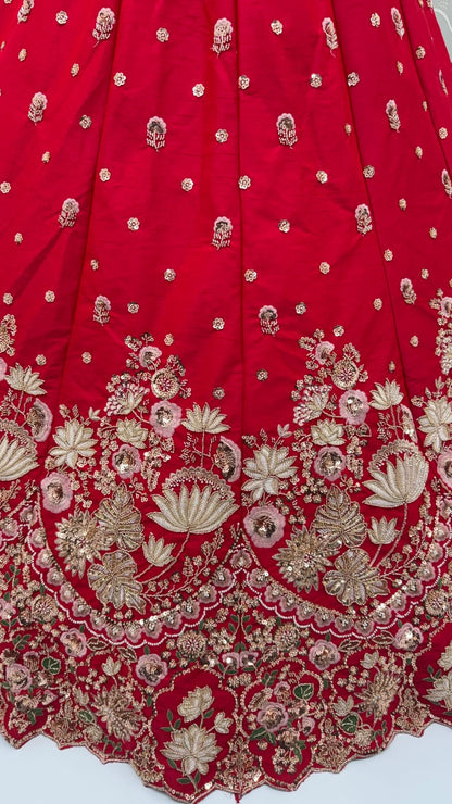 Red Pure Soft Satin Silk Heavy Beads Motif Zari Embroidery Sequins Work Bridal Lehenga Choli