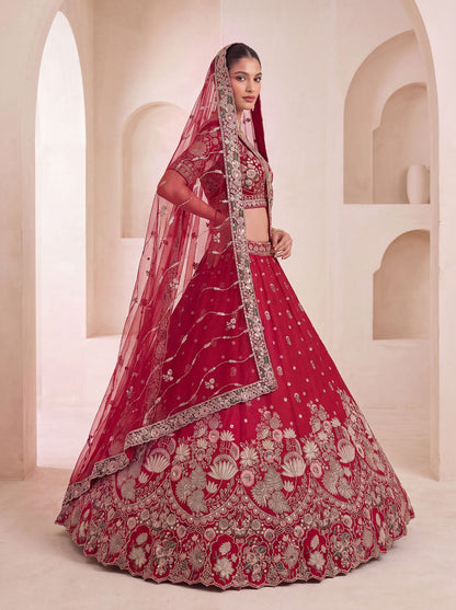 Red Pure Soft Satin Silk Heavy Beads Motif Zari Embroidery Sequins Work Bridal Lehenga Choli