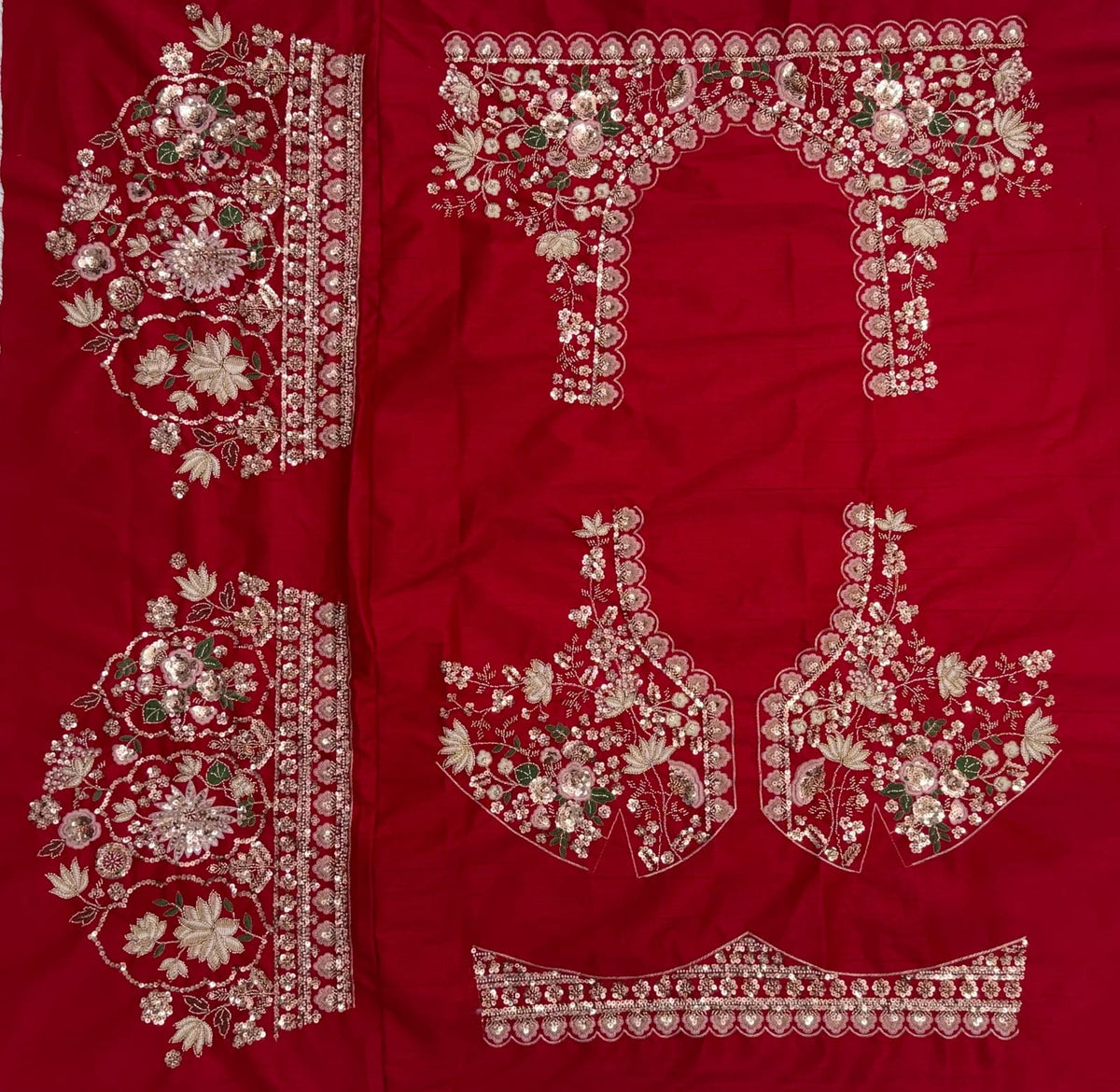 Red Pure Soft Satin Silk Heavy Beads Motif Zari Embroidery Sequins Work Bridal Lehenga Choli