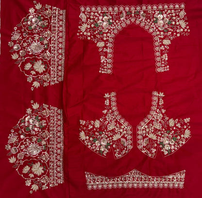 Red Pure Soft Satin Silk Heavy Beads Motif Zari Embroidery Sequins Work Bridal Lehenga Choli
