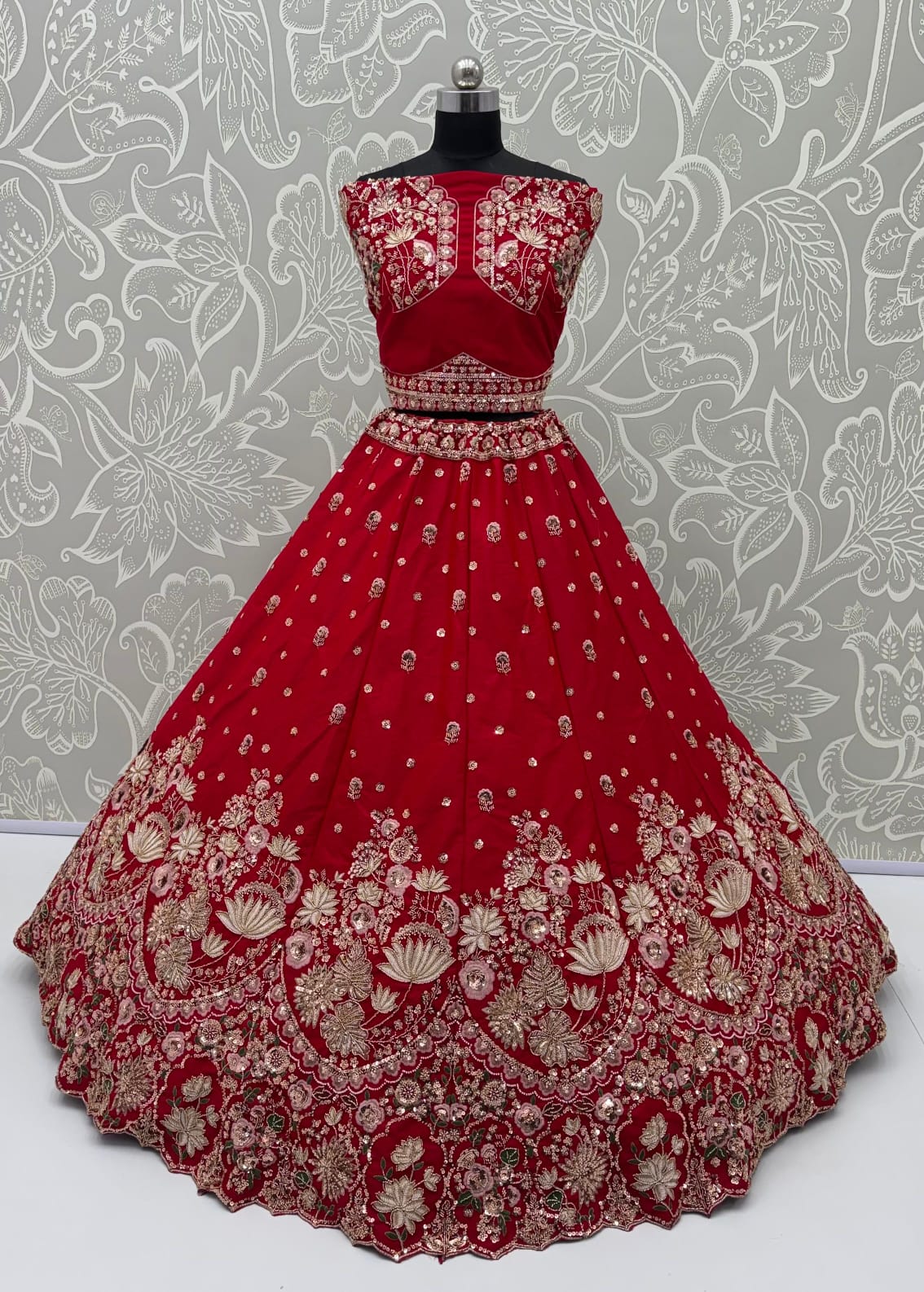 Red Pure Soft Satin Silk Heavy Beads Motif Zari Embroidery Sequins Work Bridal Lehenga Choli
