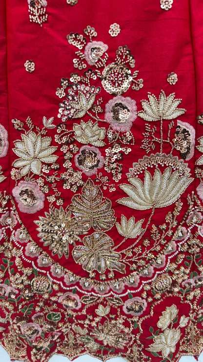 Red Pure Soft Satin Silk Heavy Beads Motif Zari Embroidery Sequins Work Bridal Lehenga Choli
