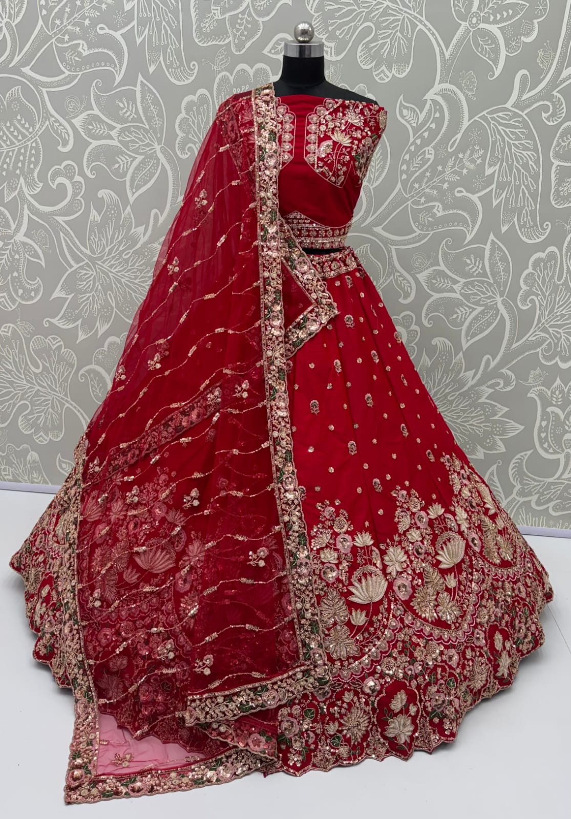 Red Pure Soft Satin Silk Heavy Beads Motif Zari Embroidery Sequins Work Bridal Lehenga Choli