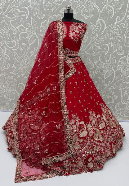 Red Pure Soft Satin Silk Heavy Beads Motif Zari Embroidery Sequins Work Bridal Lehenga Choli