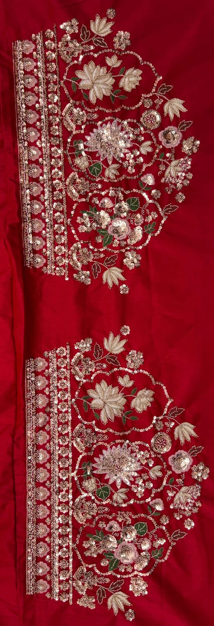 Red Pure Soft Satin Silk Heavy Beads Motif Zari Embroidery Sequins Work Bridal Lehenga Choli