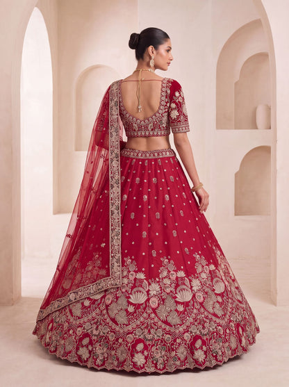 Red Pure Soft Satin Silk Heavy Beads Motif Zari Embroidery Sequins Work Bridal Lehenga Choli