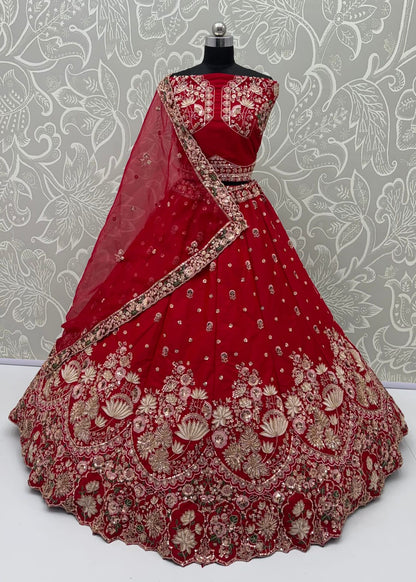 Red Pure Soft Satin Silk Heavy Beads Motif Zari Embroidery Sequins Work Bridal Lehenga Choli