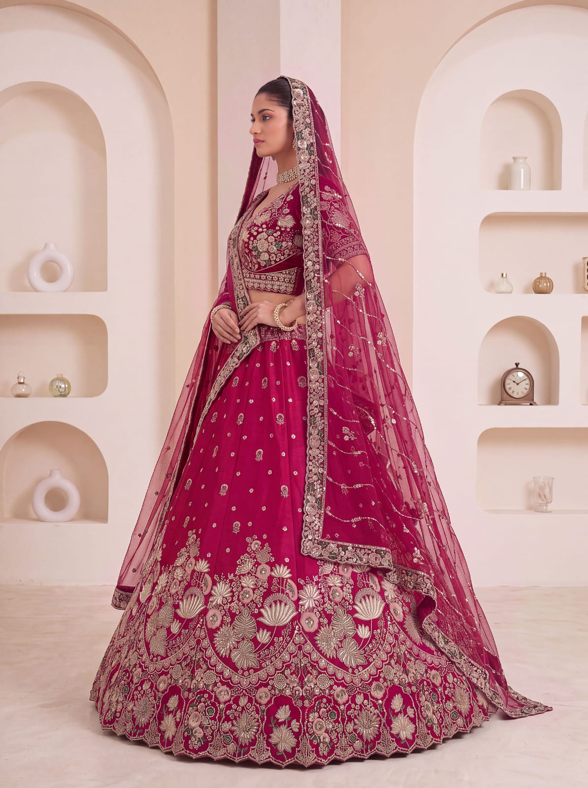Rani Pink Pure Soft Satin Silk Heavy Beads Motif Zari Embroidery Sequins Work Bridal Lehenga Choli