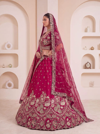 Rani Pink Pure Soft Satin Silk Heavy Beads Motif Zari Embroidery Sequins Work Bridal Lehenga Choli