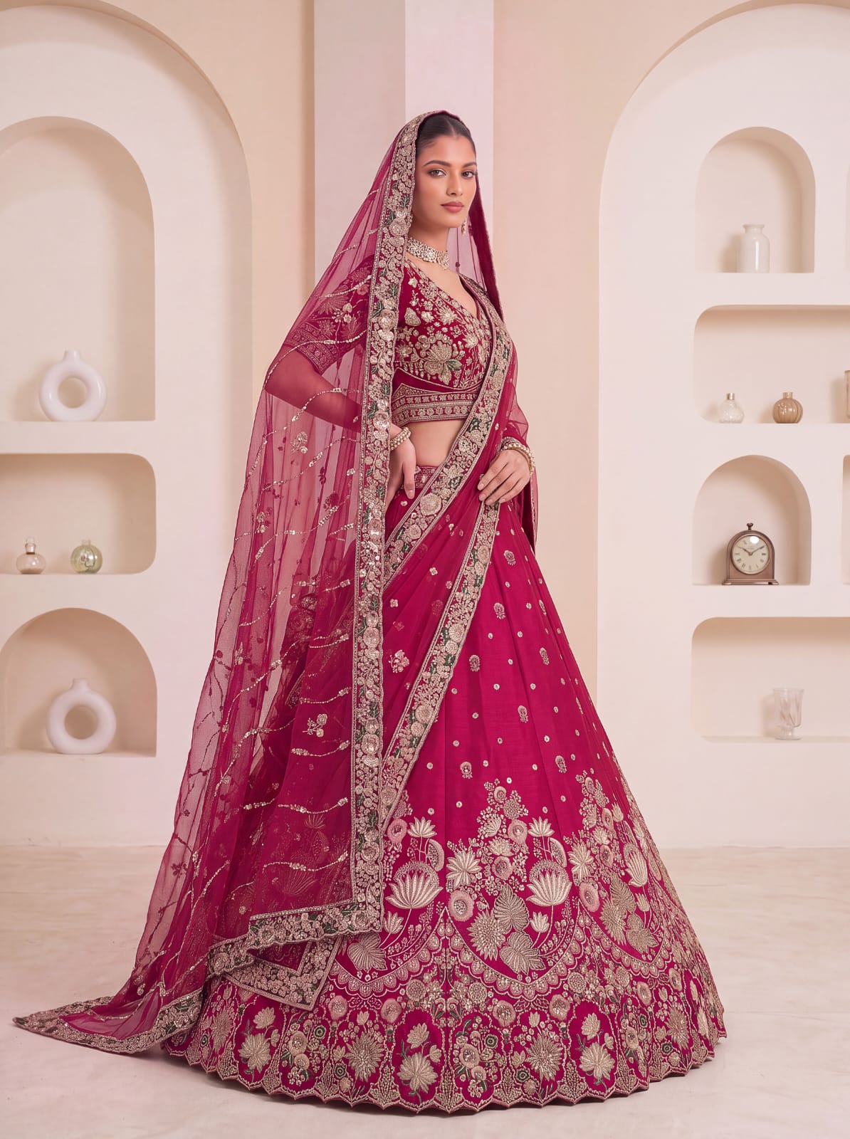 Rani Pink Pure Soft Satin Silk Heavy Beads Motif Zari Embroidery Sequins Work Bridal Lehenga Choli