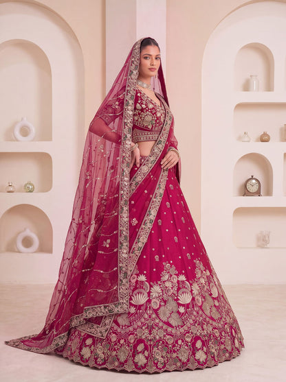 Rani Pink Pure Soft Satin Silk Heavy Beads Motif Zari Embroidery Sequins Work Bridal Lehenga Choli