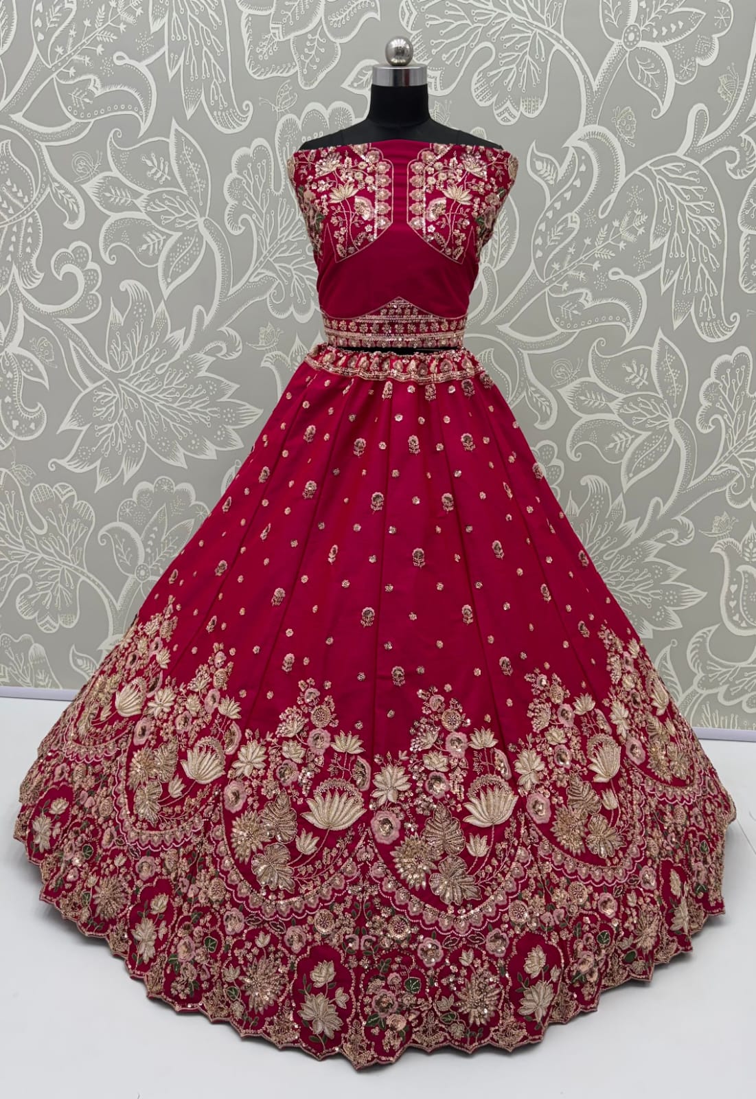 Rani Pink Pure Soft Satin Silk Heavy Beads Motif Zari Embroidery Sequins Work Bridal Lehenga Choli