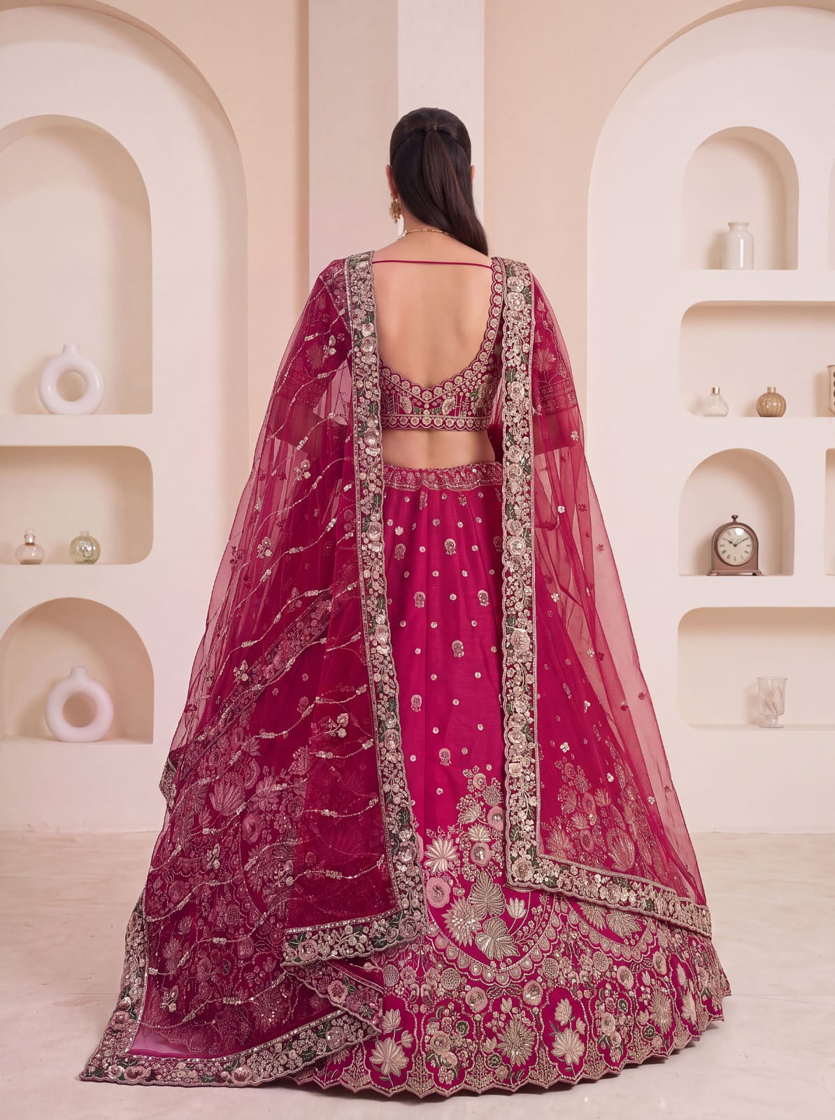 Rani Pink Pure Soft Satin Silk Heavy Beads Motif Zari Embroidery Sequins Work Bridal Lehenga Choli
