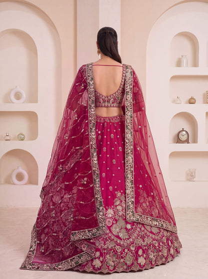 Rani Pink Pure Soft Satin Silk Heavy Beads Motif Zari Embroidery Sequins Work Bridal Lehenga Choli