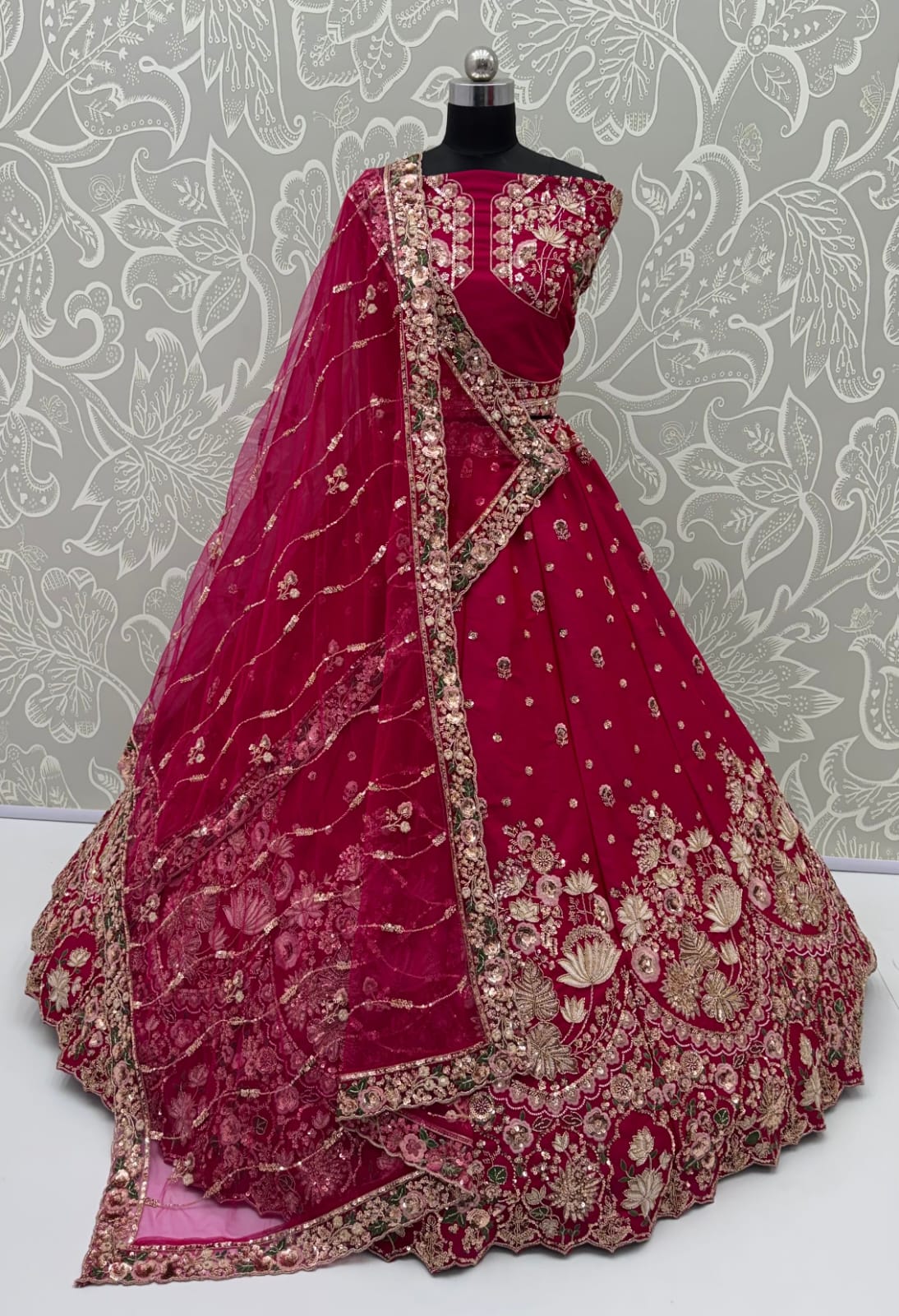 Rani Pink Pure Soft Satin Silk Heavy Beads Motif Zari Embroidery Sequins Work Bridal Lehenga Choli