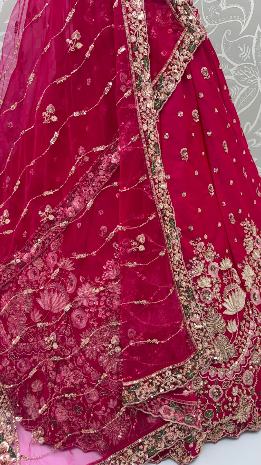 Rani Pink Pure Soft Satin Silk Heavy Beads Motif Zari Embroidery Sequins Work Bridal Lehenga Choli