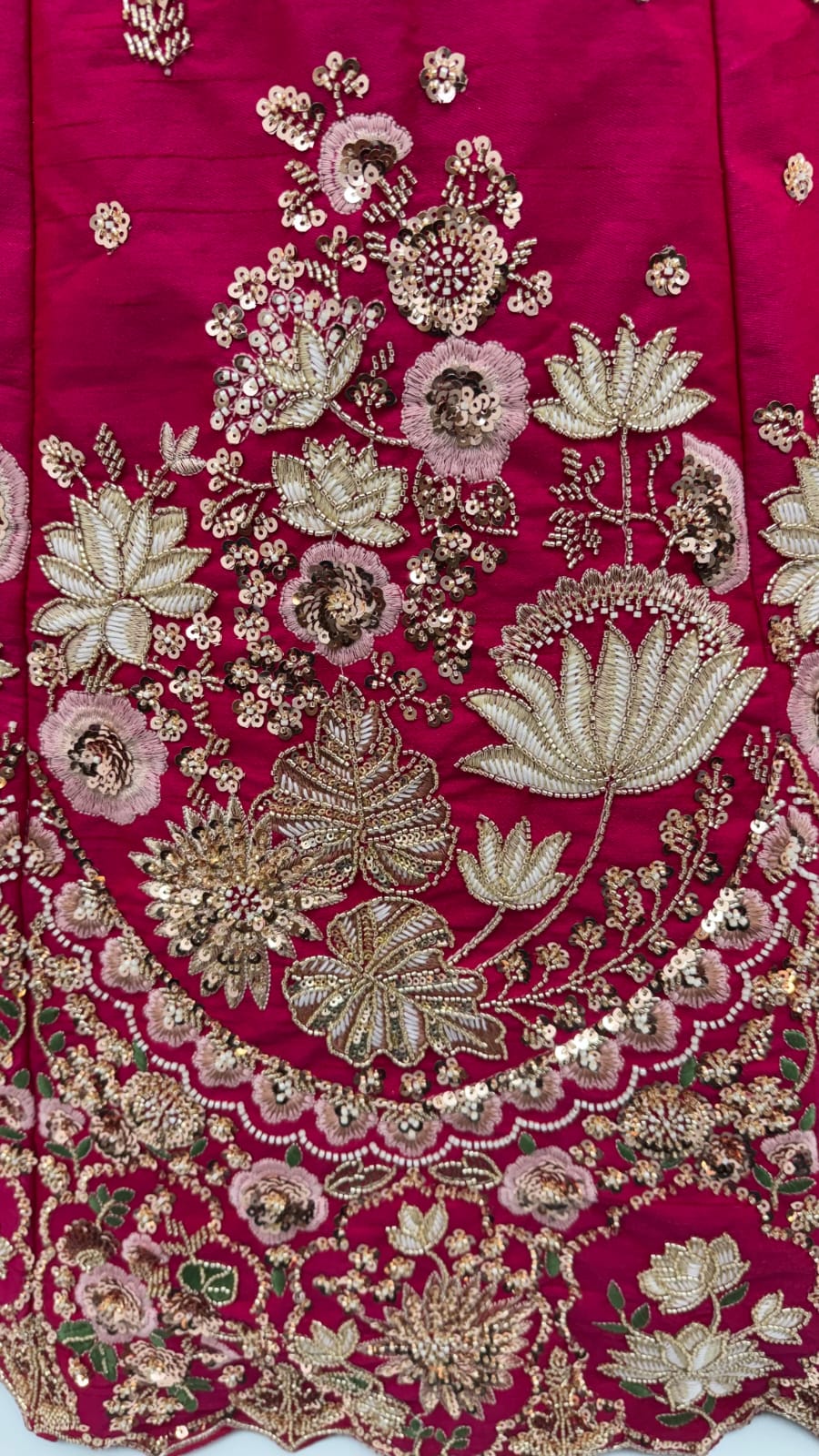 Rani Pink Pure Soft Satin Silk Heavy Beads Motif Zari Embroidery Sequins Work Bridal Lehenga Choli