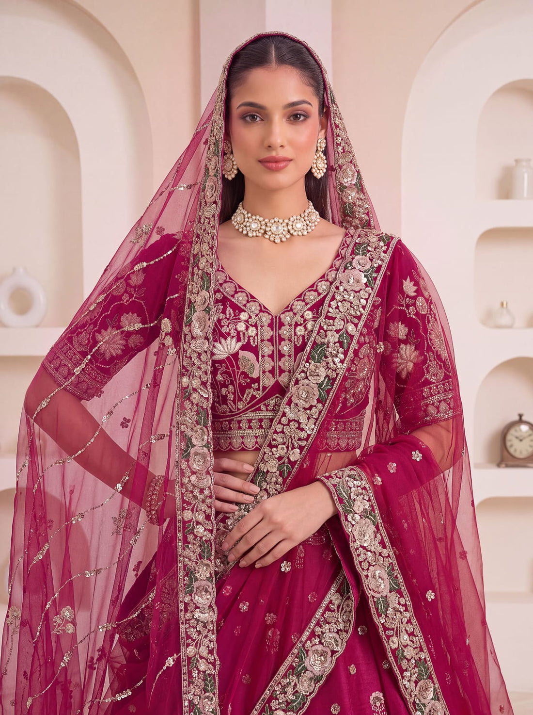 Rani Pink Pure Soft Satin Silk Heavy Beads Motif Zari Embroidery Sequins Work Bridal Lehenga Choli