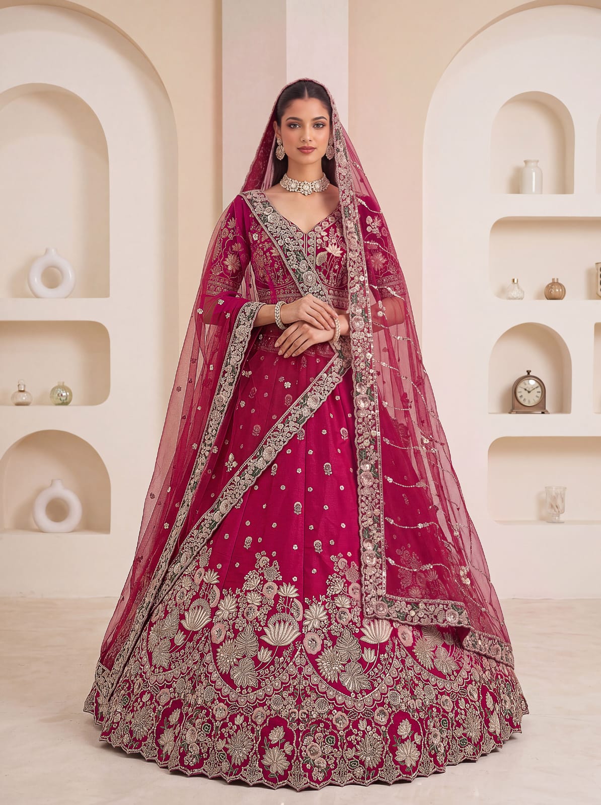 Rani Pink Pure Soft Satin Silk Heavy Beads Motif Zari Embroidery Sequins Work Bridal Lehenga Choli
