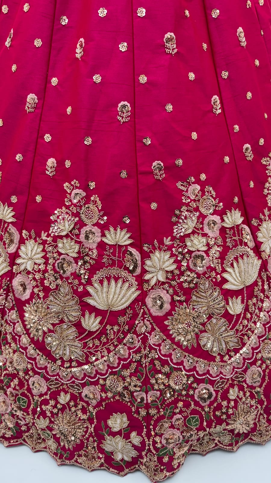 Rani Pink Pure Soft Satin Silk Heavy Beads Motif Zari Embroidery Sequins Work Bridal Lehenga Choli