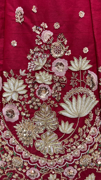 Maroon Pure Soft Satin Silk Heavy Beads Motif Zari Embroidery Sequins Work Bridal Lehenga Choli