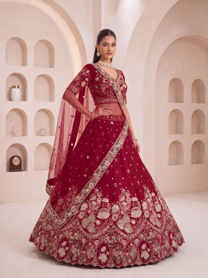 Maroon Pure Soft Satin Silk Heavy Beads Motif Zari Embroidery Sequins Work Bridal Lehenga Choli