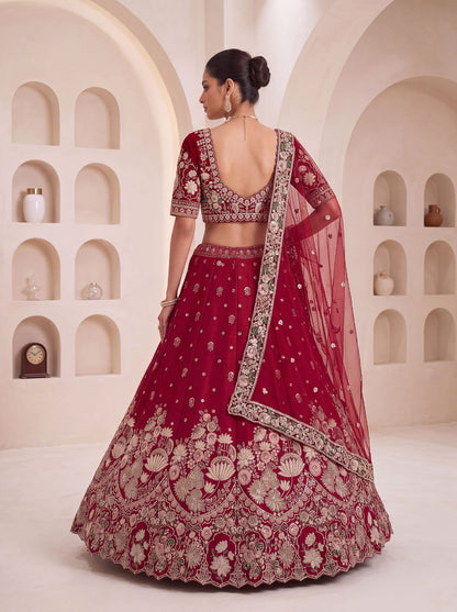 Maroon Pure Soft Satin Silk Heavy Beads Motif Zari Embroidery Sequins Work Bridal Lehenga Choli